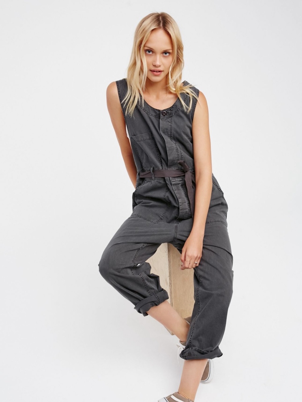 Free People Roaring Rayon Jumpsuit Gray Utility Cargo Drawstring Open Back Sz 6